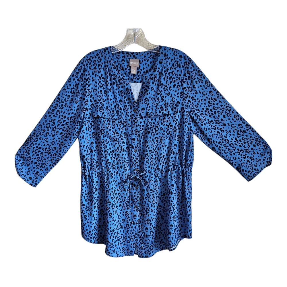 CHICO'S 1 Women's M Tunic Blouse Drawstring Waist Blue Black Animal Print 40"
